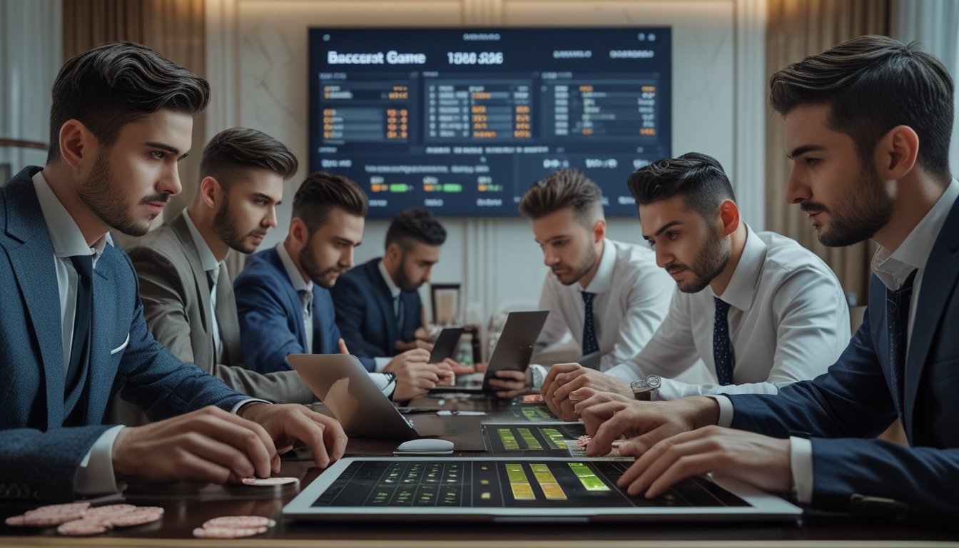 Sekelompok pria bermain baccarat online di ruangan modern dengan laptop dan tablet, terlihat serius dan fokus pada permainan.