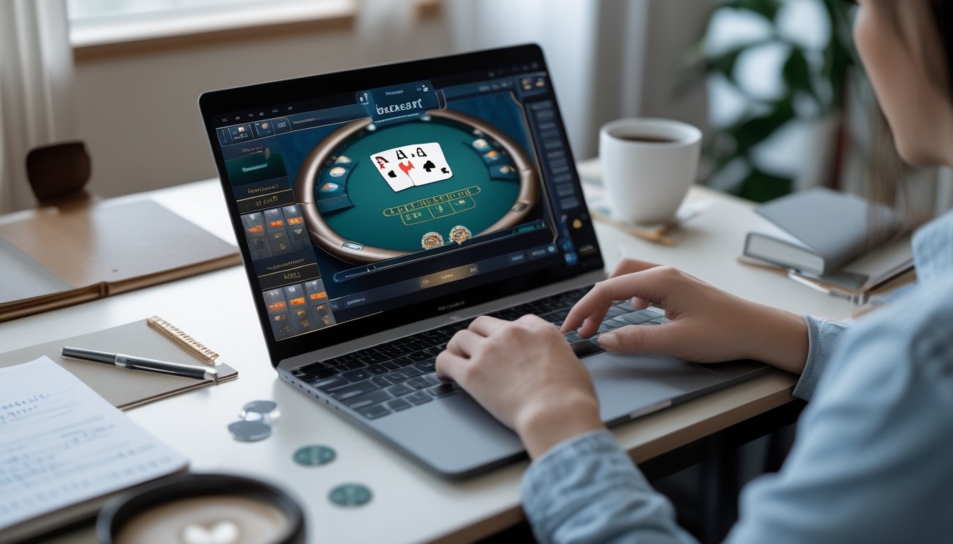 Seorang pemain sedang menggunakan laptop untuk bermain baccarat online dengan kartu dan chip terlihat di layar, di meja terdapat buku catatan dan ponsel, suasana ruang kerja yang terang dan nyaman.