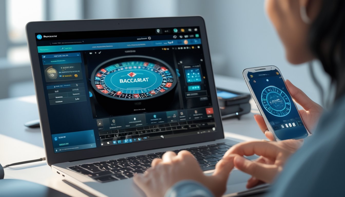Seorang pengguna sedang bermain baccarat online di laptop dengan transaksi deposit pulsa di ponsel di meja kerja yang rapi.