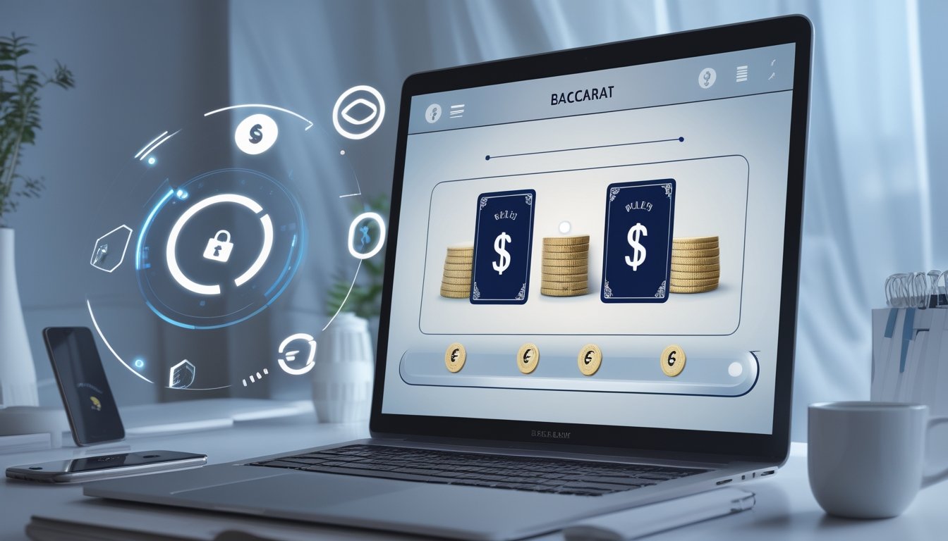 Layar komputer menampilkan permainan baccarat online dengan kartu dan chip, dikelilingi simbol keamanan dan transaksi digital di meja kerja modern.