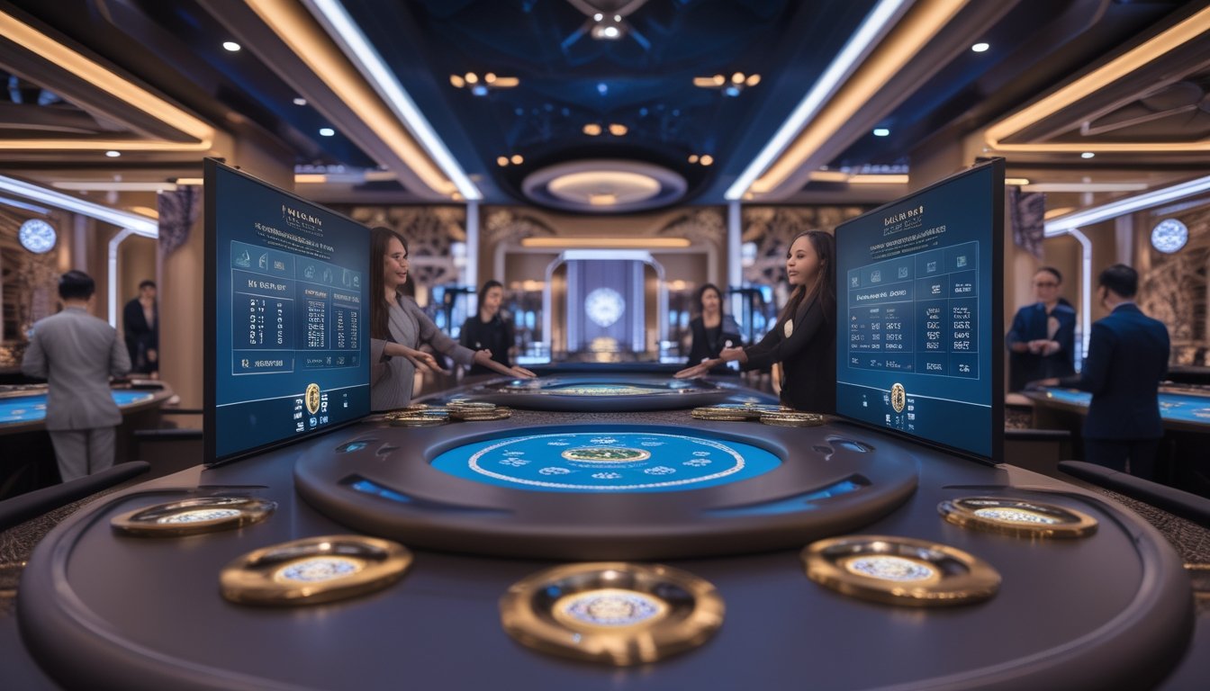 Seorang dealer nyata sedang memandu permainan baccarat online di kasino dengan suasana modern dan teknologi tinggi, menampilkan elemen budaya Indonesia.