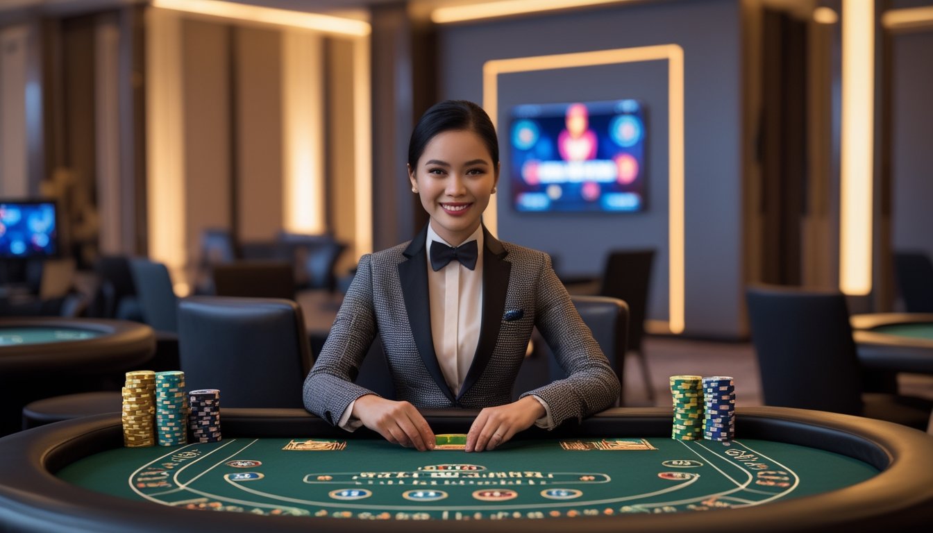 Seorang dealer live baccarat profesional duduk di meja baccarat dengan kartu dan chip, di studio kasino modern yang terang dan elegan.