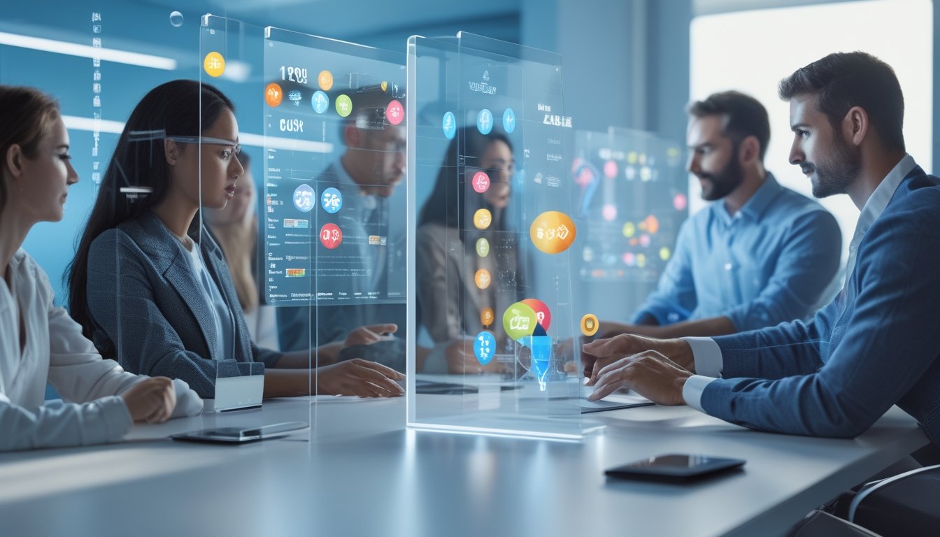 Orang-orang sedang menggunakan layar digital di ruang kantor modern yang bersih dan futuristik.