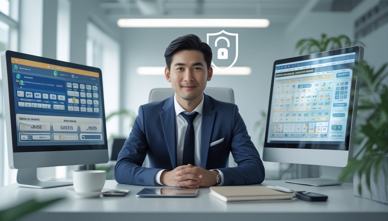 Seorang pria Asia duduk di meja dengan beberapa layar komputer yang menampilkan antarmuka togel online, terlihat fokus dan percaya diri di kantor modern.