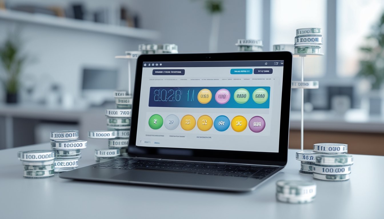 Seseorang menggunakan perangkat digital dengan tampilan angka lotere dan simbol jackpot di layar, di lingkungan rumah atau kantor yang terang.