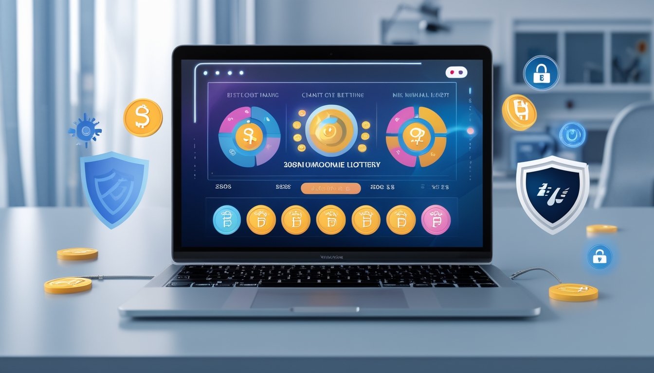 Seorang pengguna di depan komputer dengan tampilan situs togel online yang aman dan profesional, dikelilingi oleh simbol keamanan dan elemen teknologi.