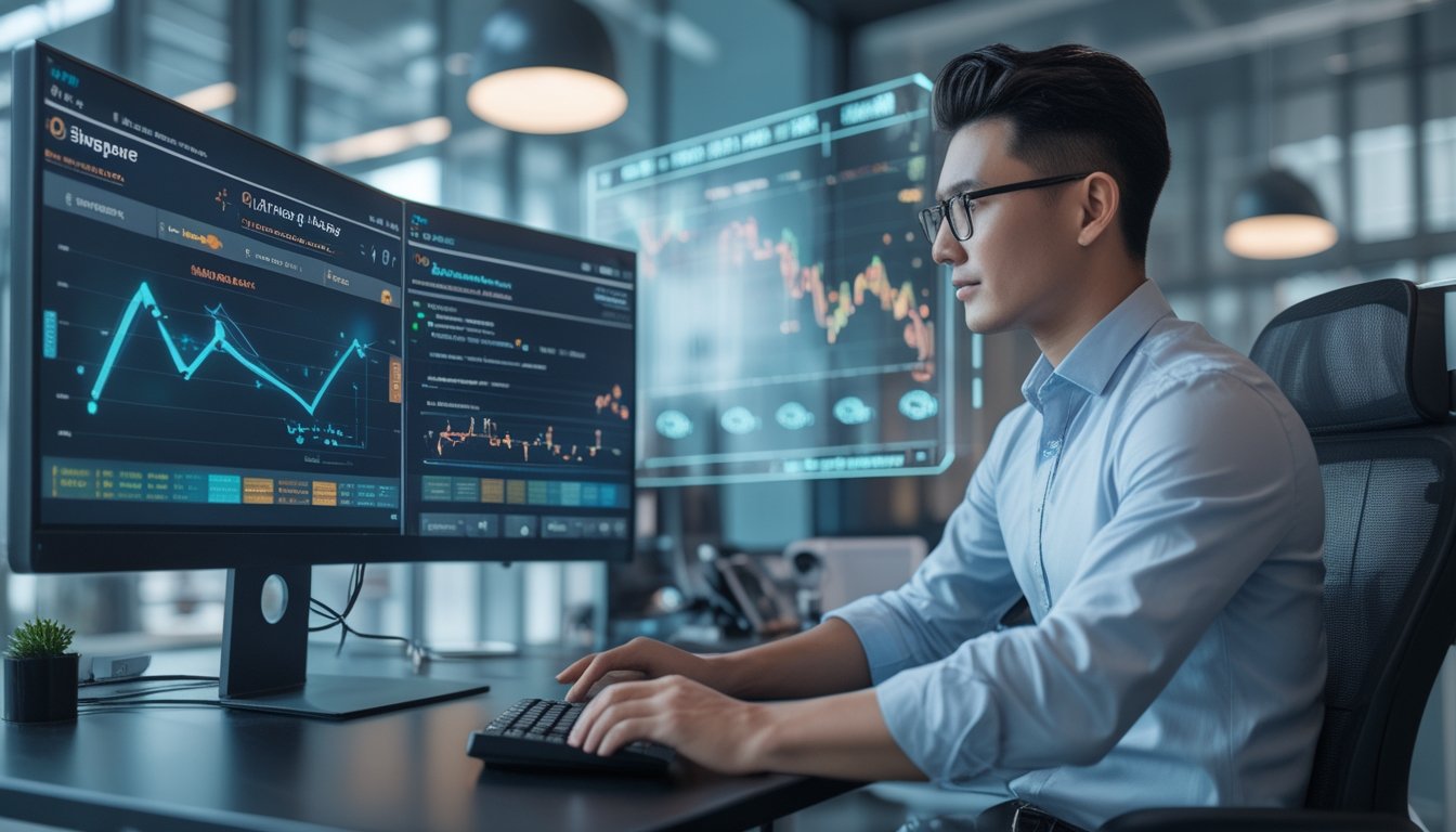Seorang profesional sedang menganalisis data prediksi togel online di depan komputer di kantor modern.