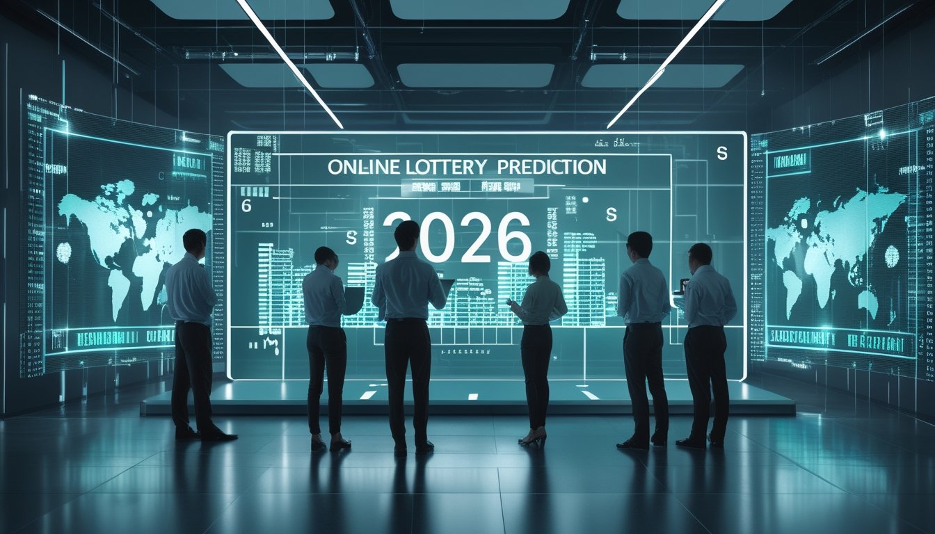 Sekelompok profesional sedang menganalisis data prediksi togel online di kantor modern dengan layar transparan dan elemen digital di latar belakang.