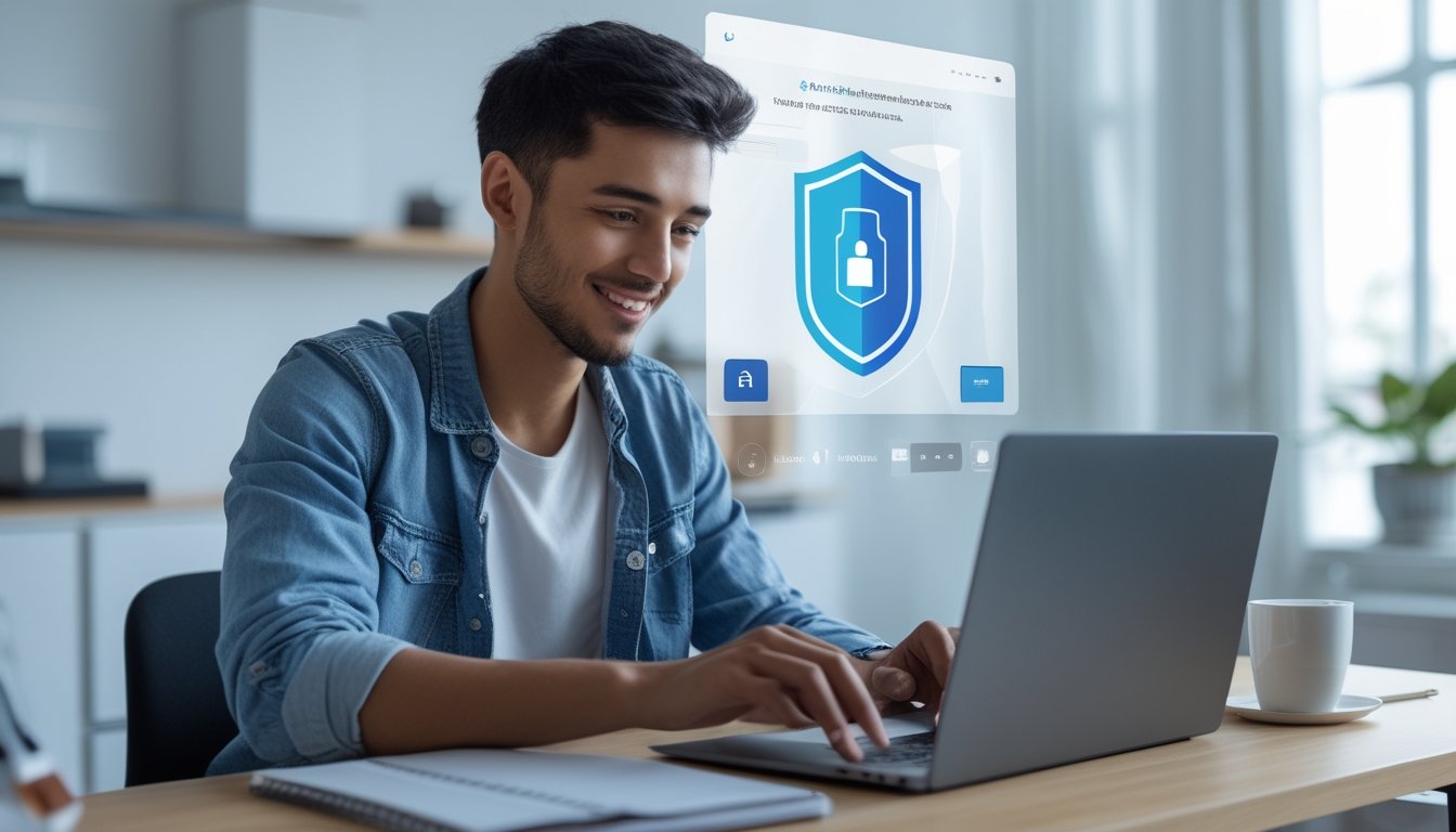 Seorang dewasa muda yang percaya diri menggunakan laptop di ruang kerja rumah yang modern dan terang.