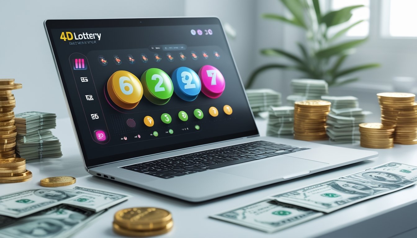 antarmuka platform togel online ditampilkan di laptop dan ponsel di atas meja dengan uang dan koin di sekitarnya.