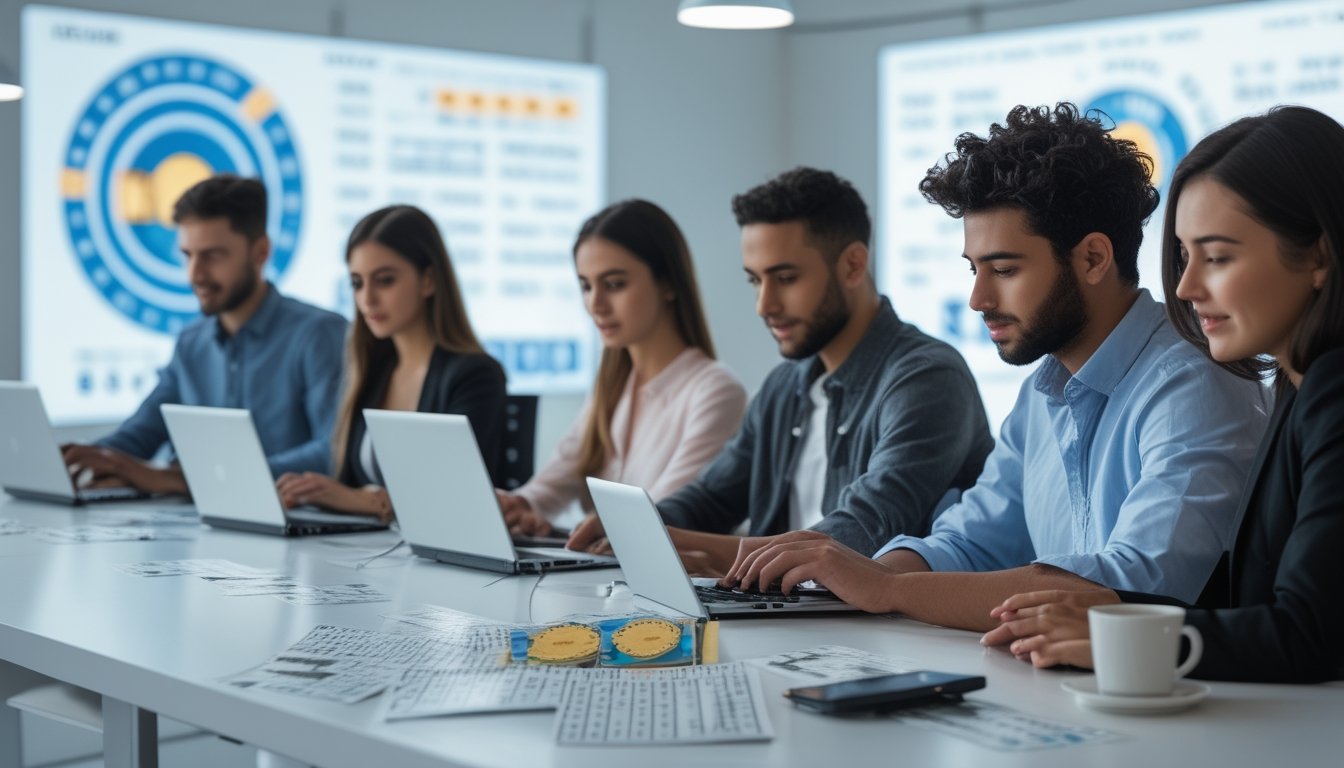Beberapa orang menggunakan laptop dan ponsel di kantor modern dengan suasana yang aman dan percaya diri, menandakan aktivitas memilih situs togel online.