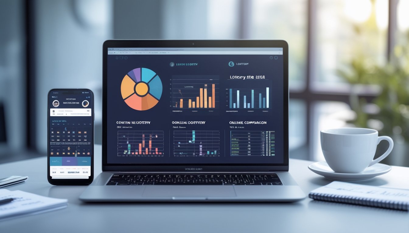 Seorang profesional di meja kerja dengan laptop yang menampilkan grafik dan data, di samping smartphone dan alat tulis, di ruang kantor modern dengan pencahayaan alami.