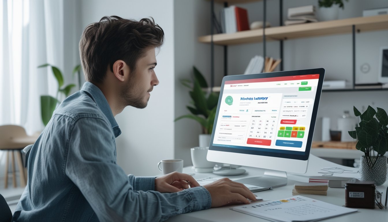 Seorang pria muda duduk di meja dengan laptop di ruang kerja rumah yang rapi, fokus pada layar komputer yang menampilkan situs togel online.