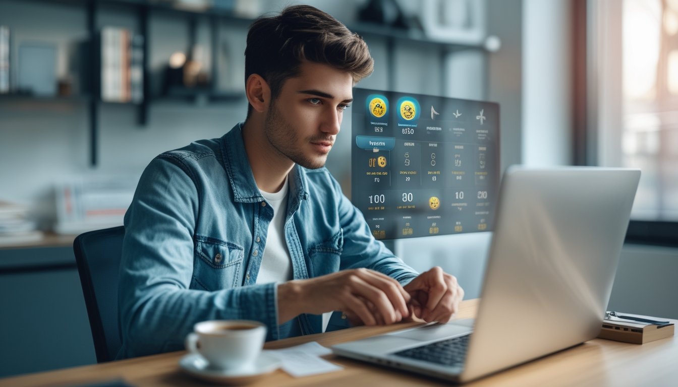 Seorang dewasa muda sedang fokus bermain permainan togel online di laptop di ruang kerja rumah yang rapi dan terang.