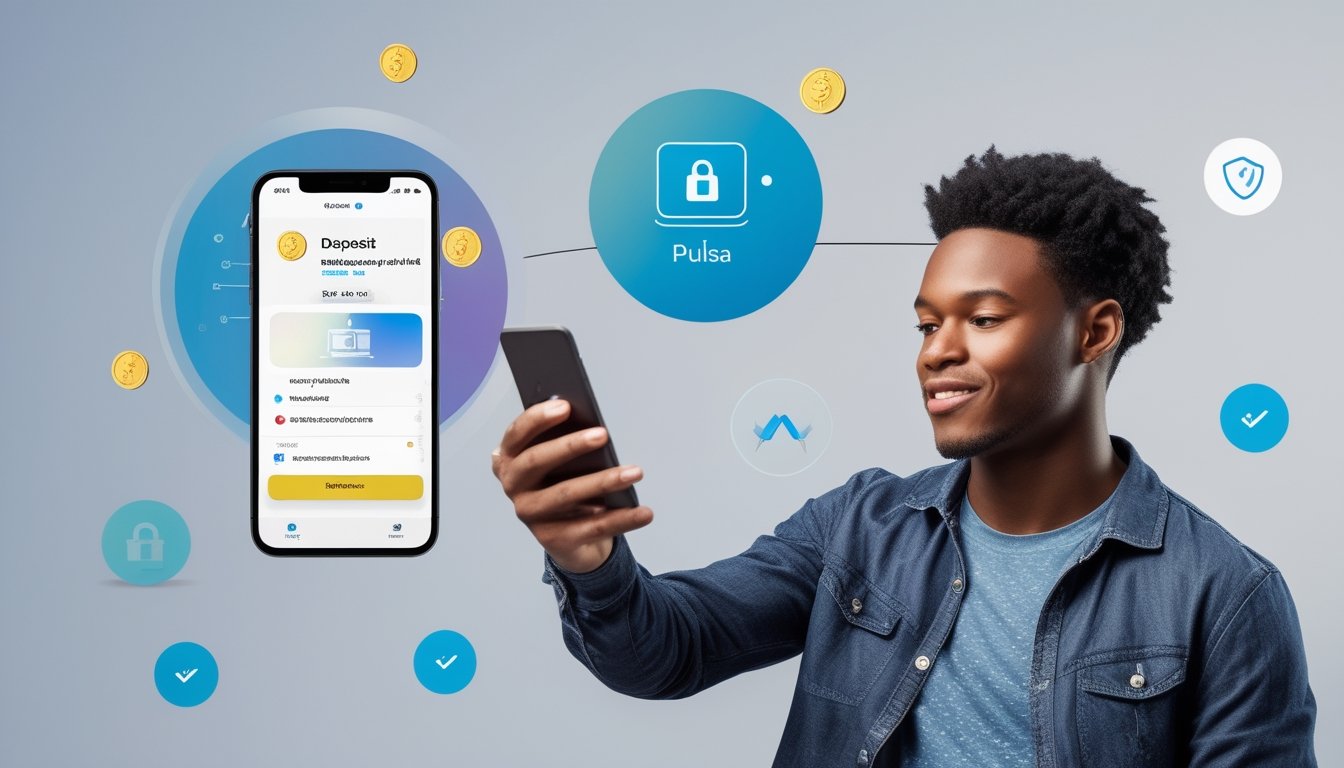 Seseorang menggunakan ponsel pintar untuk melakukan transaksi deposit online dengan latar belakang elemen digital yang menandakan pembayaran tanpa potongan.