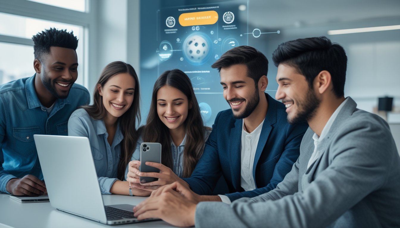 Sekelompok orang muda menggunakan laptop dan ponsel di ruang kerja modern, terlihat fokus dan percaya diri saat mengakses layanan togel online yang aman dan resmi.