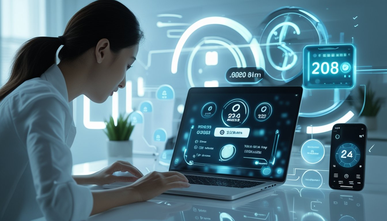 Seorang pria menggunakan laptop di meja kerja modern dengan layar menampilkan antarmuka lotere digital, dikelilingi oleh ikon holografik dan elemen teknologi.
