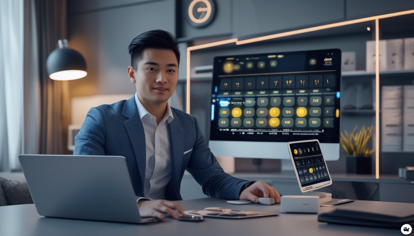Seorang pria Asia Tenggara duduk di meja dengan laptop dan ponsel yang menampilkan antarmuka lotere online, di ruang kerja modern dengan pencahayaan lembut.
