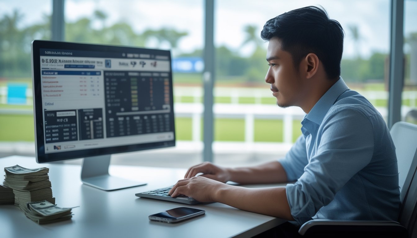 Seorang pria muda Indonesia duduk di depan laptop dengan layar menampilkan statistik pacuan kuda, di meja terdapat uang tunai dan ponsel, dengan latar belakang jendela yang menampilkan lintasan pacuan kuda.