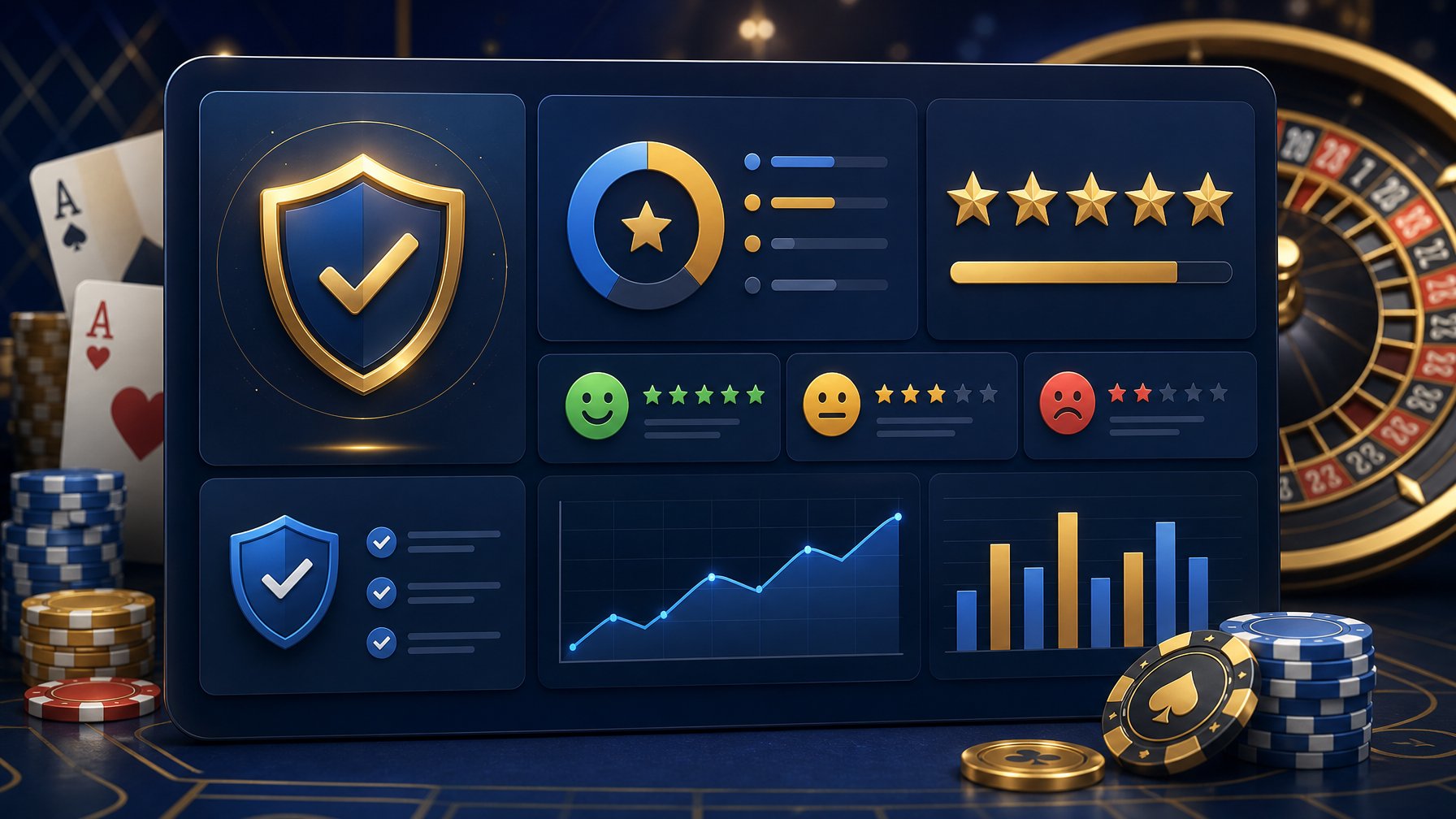 A Dashboard Showing Trust Ratings And Early Verdict Indicators With Casino Elements Like Playing Cards And Chips In The Background.