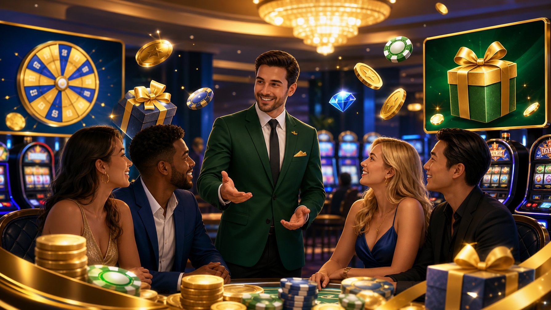 A Casino Scene Showing A Host Interacting With Happy Players Surrounded By Slot Machines And Symbols Of Rewards And Promotions.