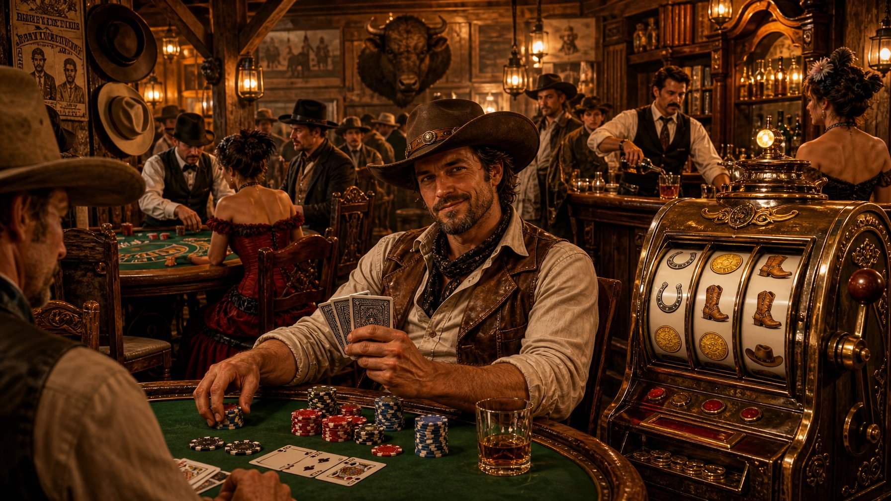 A Cowboy Playing Cards At A Poker Table Inside A Lively Wild WestThemed Casino With Wooden Decor, Slot Machines, And Other Patrons Gambling.