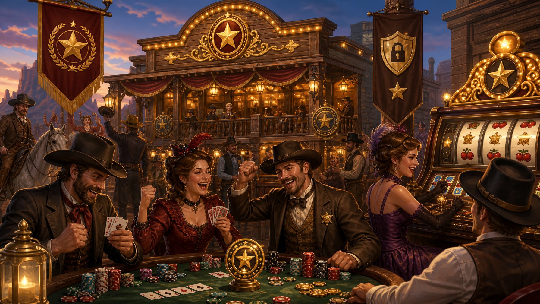 A Lively Wild West Casino Scene With Gamblers Celebrating Wins And Symbols Of Trust Like Gold Stars And Badges Visible Around The Wooden Casino Building.