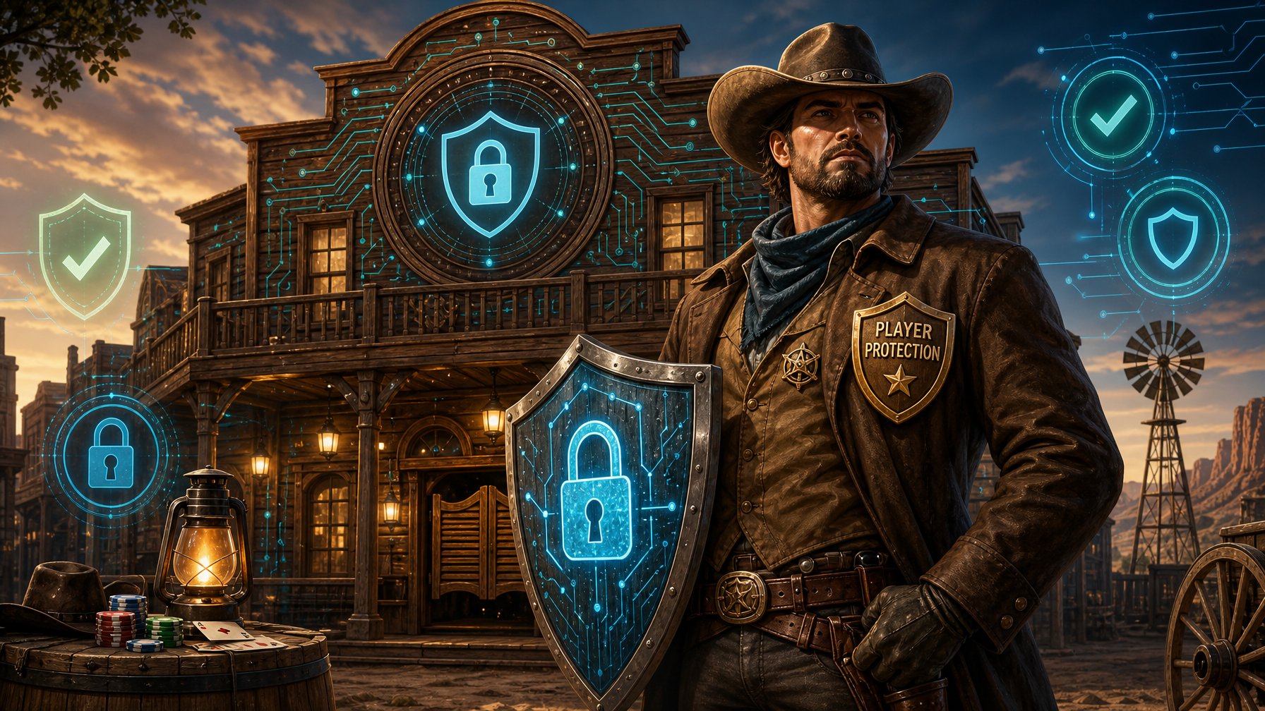 A Cowboy Standing In Front Of A Wooden Saloon With Digital Security Symbols Like Locks And Shields Around Him, Representing Player Protection And Licensing.