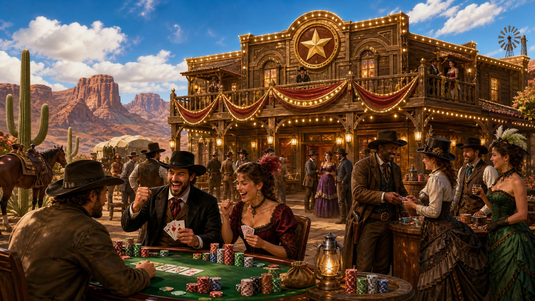 A Lively Wild West Casino Scene With People Celebrating And Exchanging Chips Outside A Wooden Casino Building In A Desert Town.