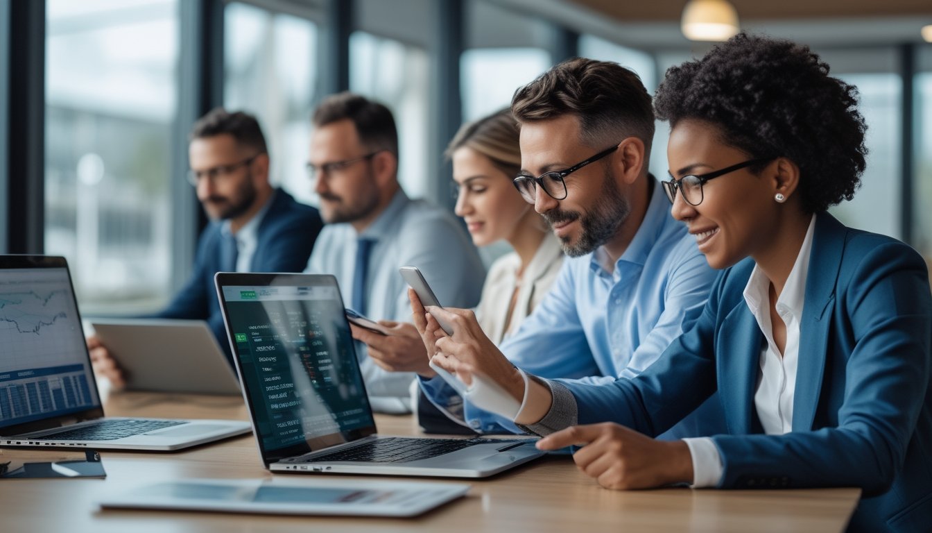 Sekelompok orang yang percaya diri menggunakan perangkat digital untuk menganalisis data dan peluang taruhan pacuan kuda dalam suasana kantor modern yang terang.