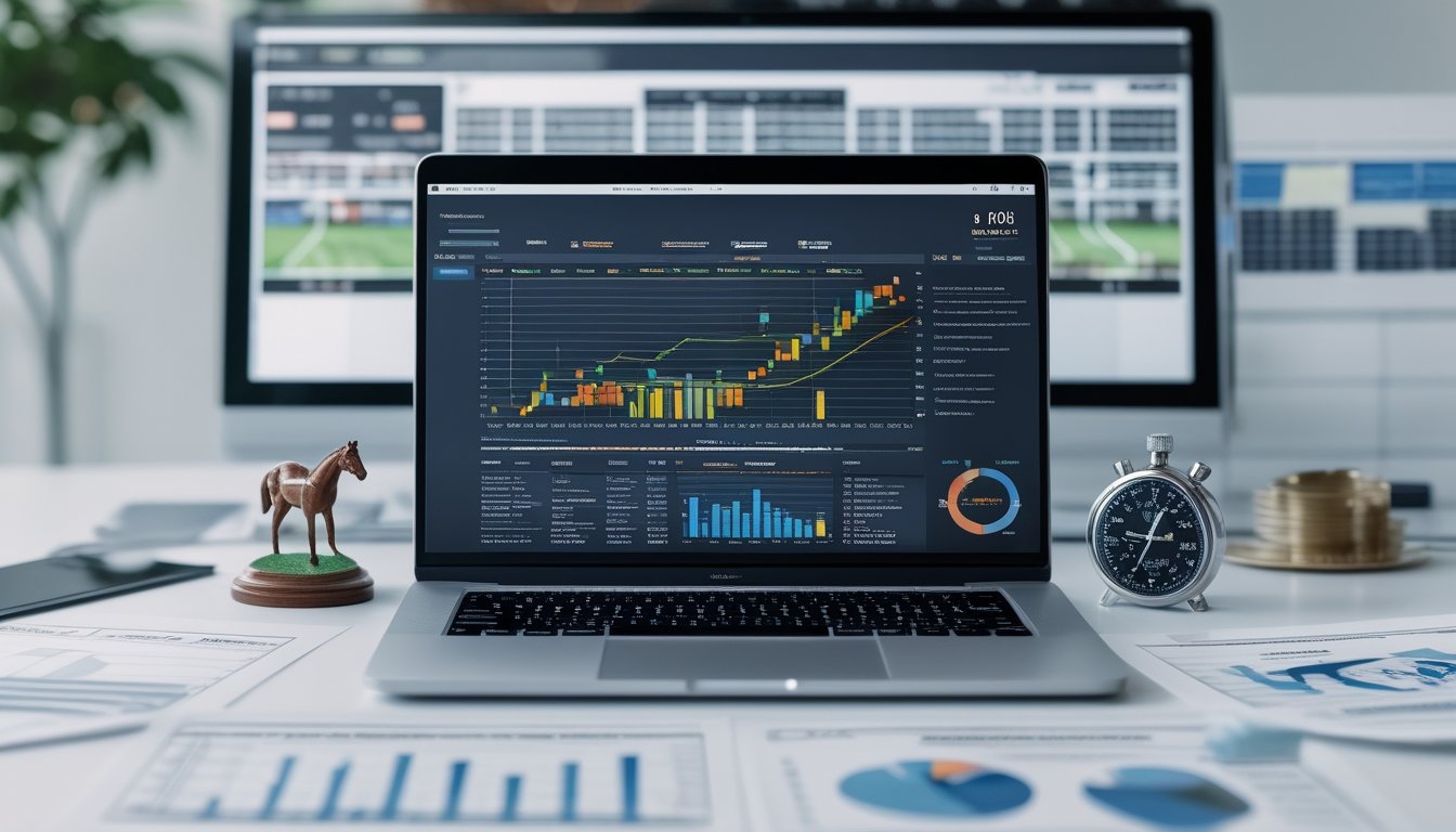 Seorang profesional sedang melihat data prediksi pacuan kuda di laptop di meja kerja dengan model kuda dan grafik statistik di sekitarnya.