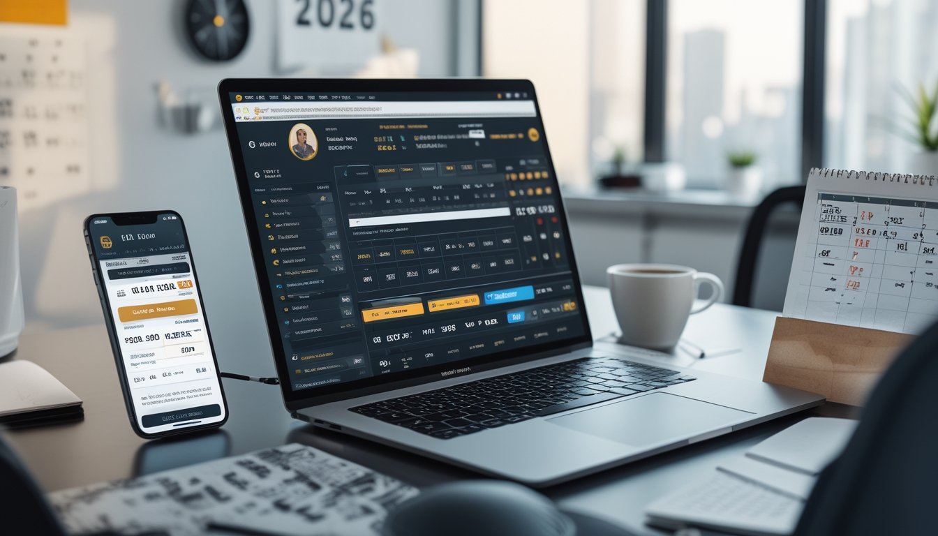 Seorang pria duduk di depan laptop dengan layar menampilkan data pacuan kuda, di meja juga ada ponsel yang menayangkan balapan kuda secara langsung, suasana kantor yang rapi dan terang.