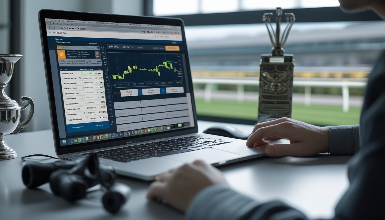 Seorang individu menggunakan laptop dengan tampilan taruhan pacuan kuda online, di meja terdapat piala kecil dan panduan pacuan kuda, dengan latar belakang layar besar menampilkan pacuan kuda.