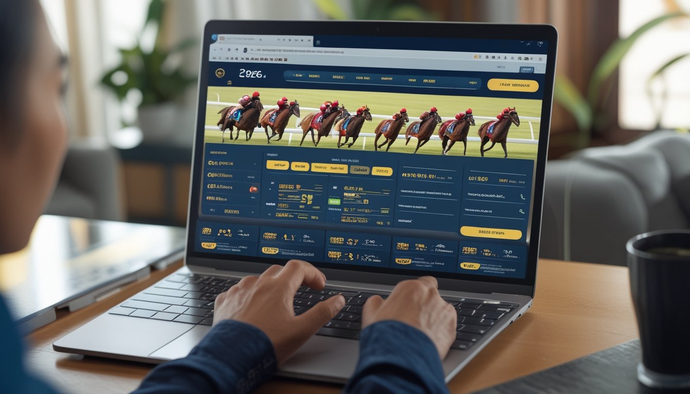 Seorang pria atau wanita menggunakan laptop untuk memasang taruhan balap kuda secara online di sebuah ruangan yang nyaman dengan dekorasi khas Indonesia.