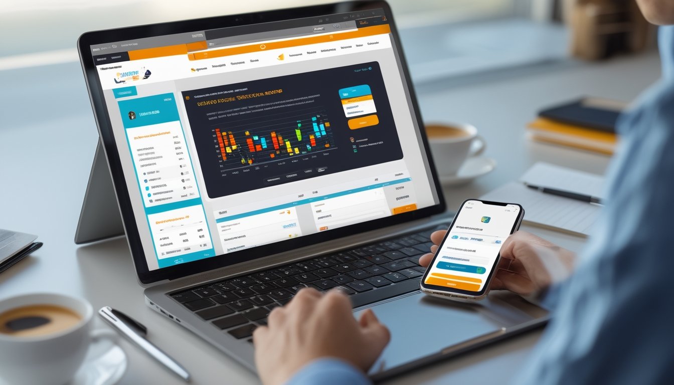 Seseorang menggunakan laptop dan ponsel untuk memasang taruhan pacuan kuda secara online dengan aplikasi dompet digital di meja kerja.