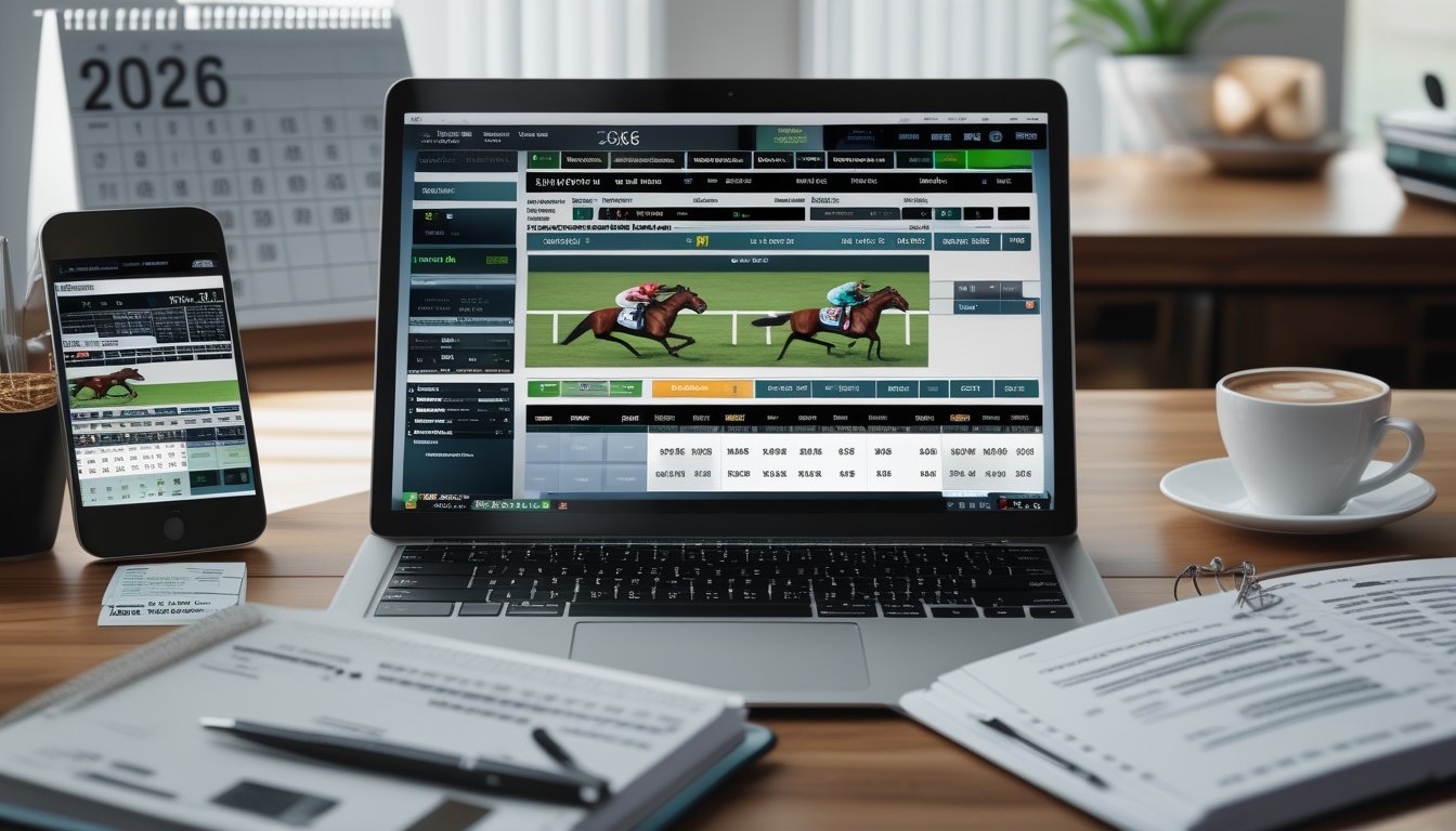 Seorang pria duduk di depan laptop dengan grafik taruhan pacuan kuda dan catatan strategi di meja kerja.