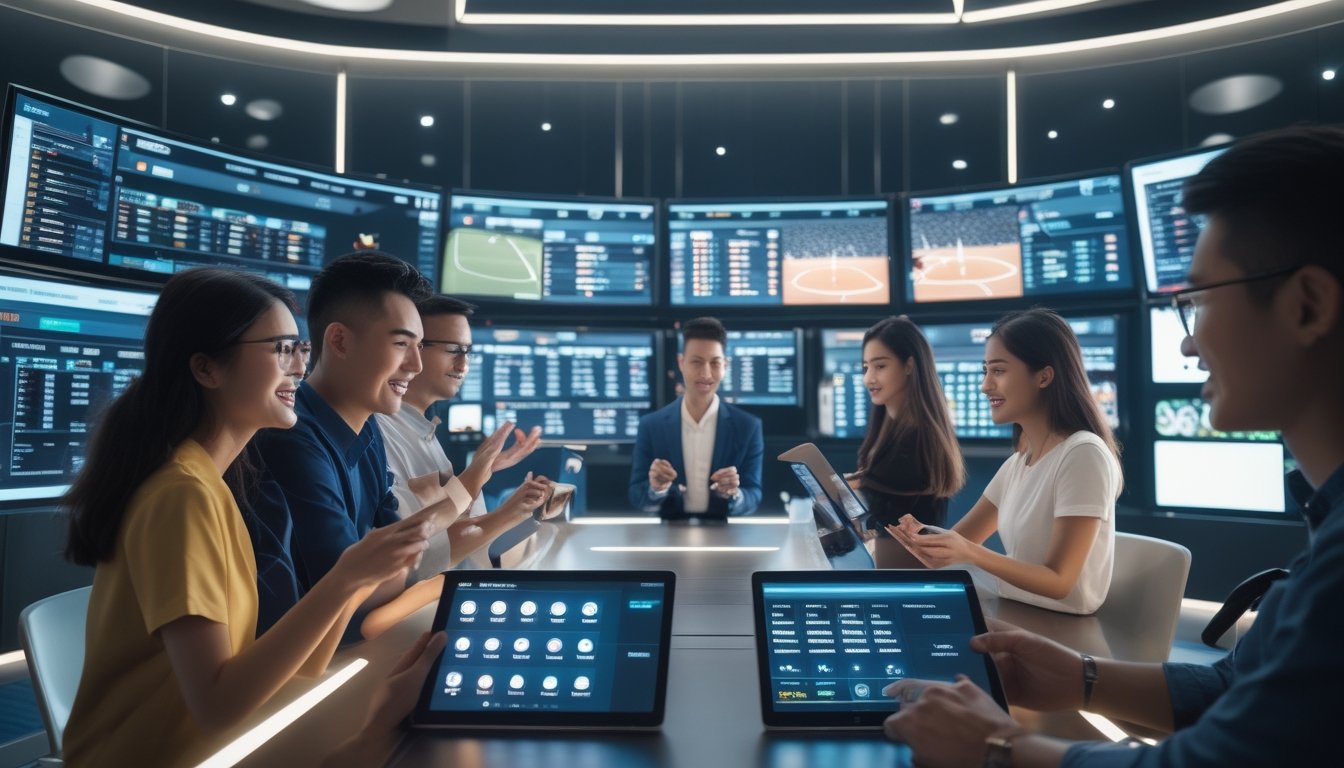 Sekelompok orang muda yang antusias sedang menggunakan perangkat digital untuk bertaruh pada pertandingan olahraga di ruangan modern yang terang dan bergaya.