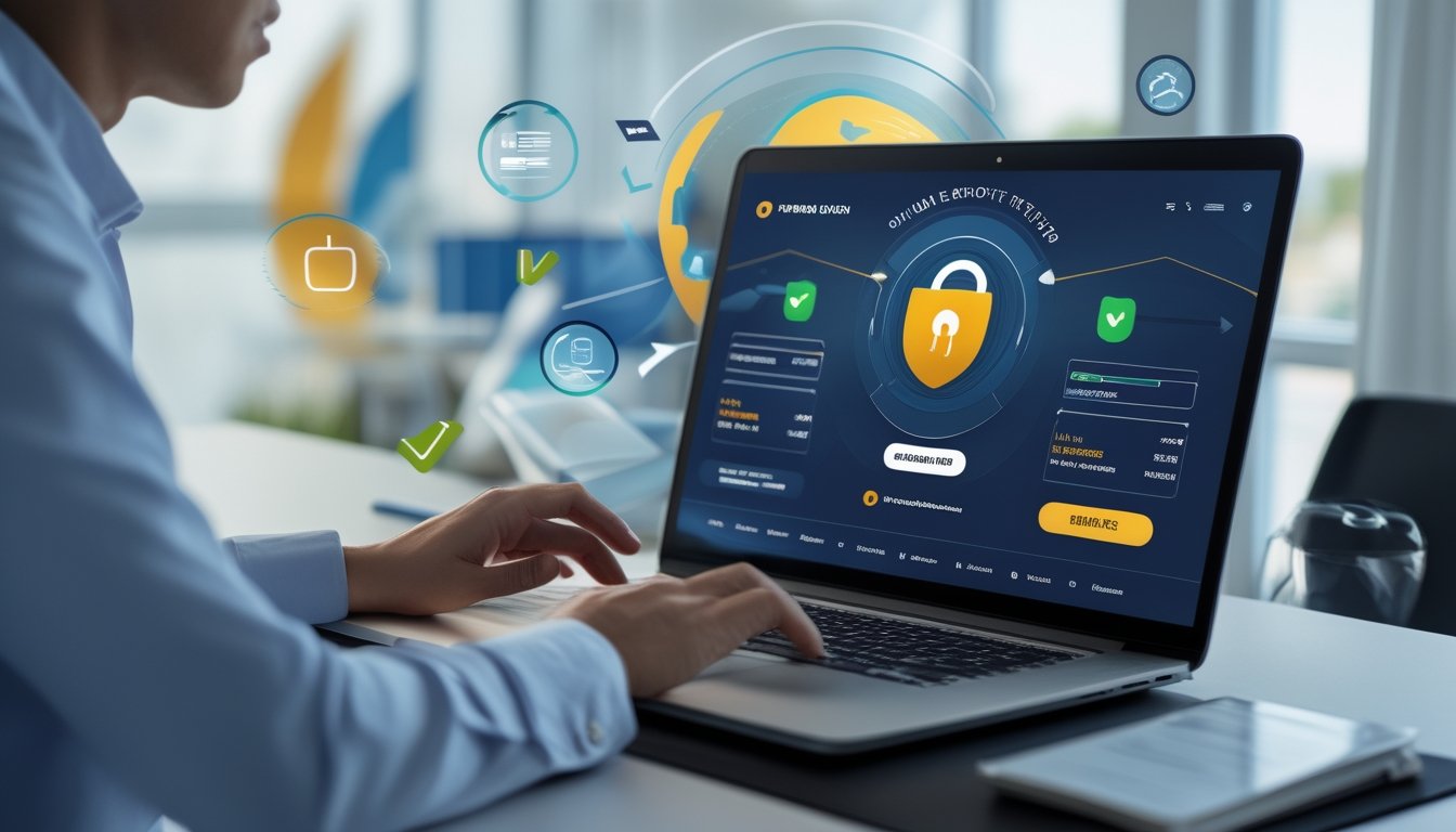 Seorang profesional menggunakan laptop dengan tampilan platform judi olahraga online yang aman dan terpercaya di lingkungan kantor yang terang.
