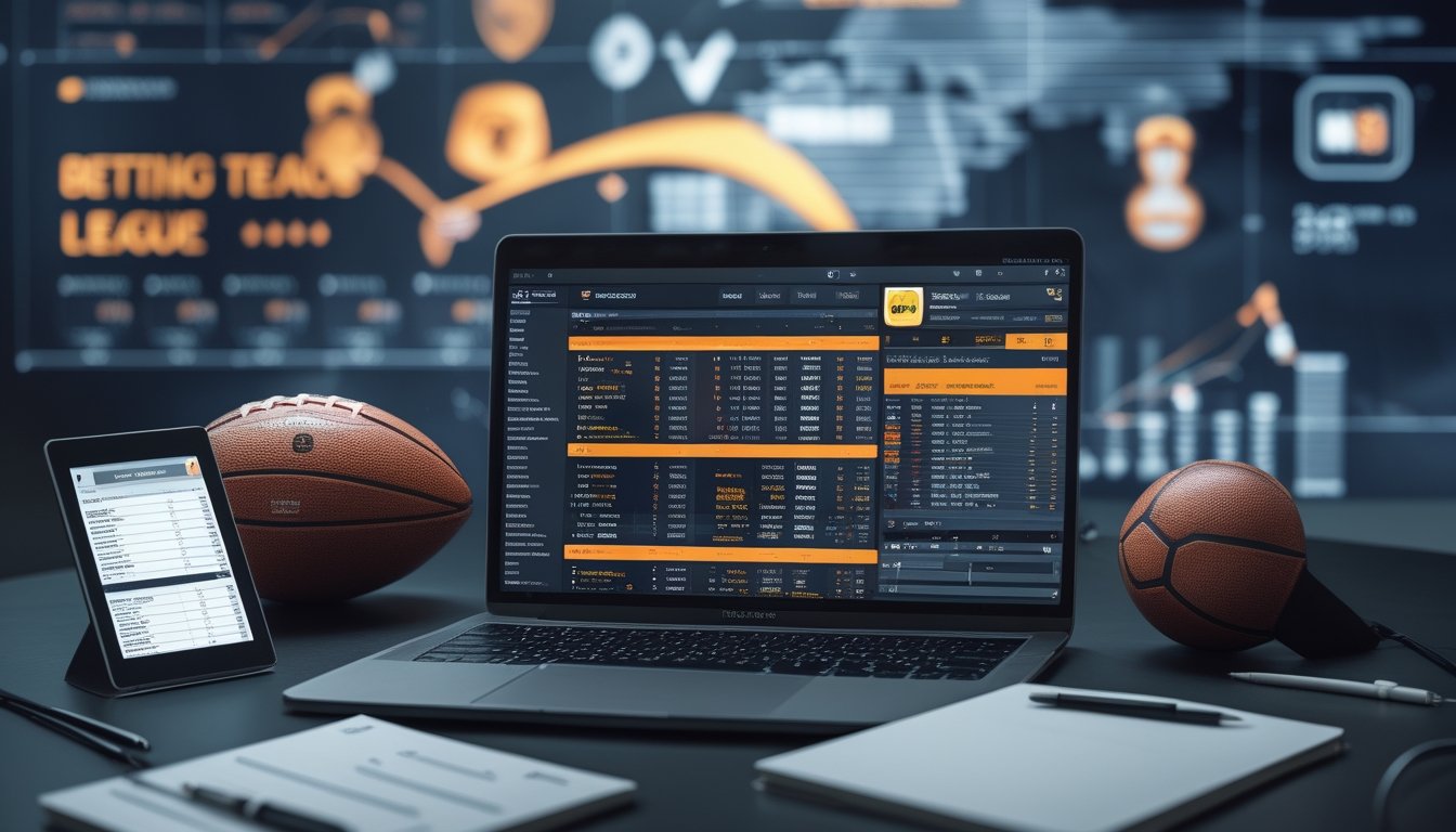 Seorang profesional sedang bekerja di meja dengan laptop yang menampilkan statistik sepak bola dan grafik taruhan, dikelilingi bola sepak dan perangkat digital di latar belakang dengan tampilan liga Eropa dan Piala Dunia.