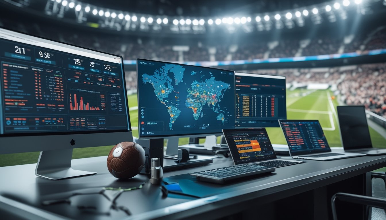Seorang analis olahraga di ruang kerja dengan beberapa monitor menampilkan statistik pertandingan sepak bola, grafik performa tim, dan peta dunia yang menyoroti Eropa dan acara sepak bola global.