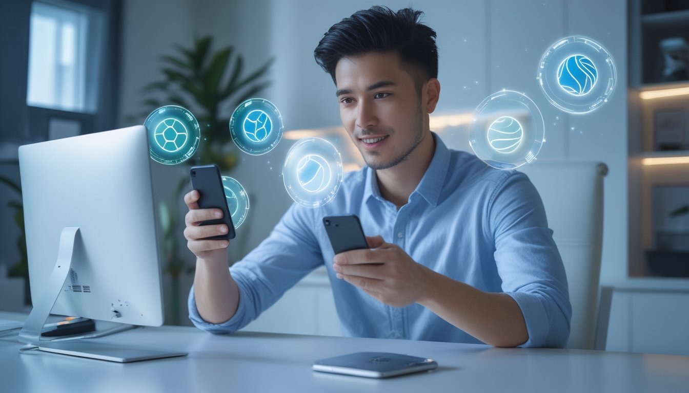 Seseorang menggunakan ponsel pintar untuk bermain judi olahraga online di rumah dengan tampilan digital futuristik di sekitar ponsel.