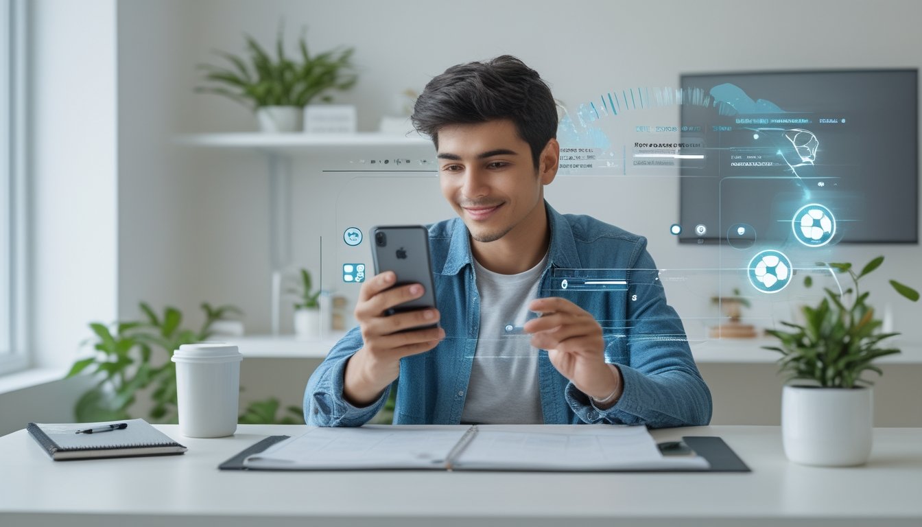 Seorang dewasa muda menggunakan ponsel pintar di ruang tamu yang terang, fokus mendaftar dan bermain judi olahraga online dengan suasana nyaman dan peralatan belajar di meja.