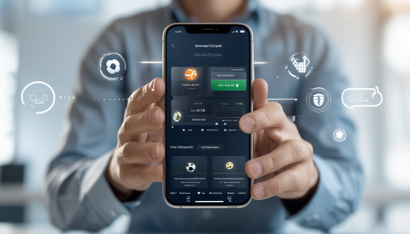 Seseorang memegang ponsel yang menampilkan aplikasi taruhan olahraga dengan ikon berbagai olahraga dan fitur deposit serta penarikan cepat.