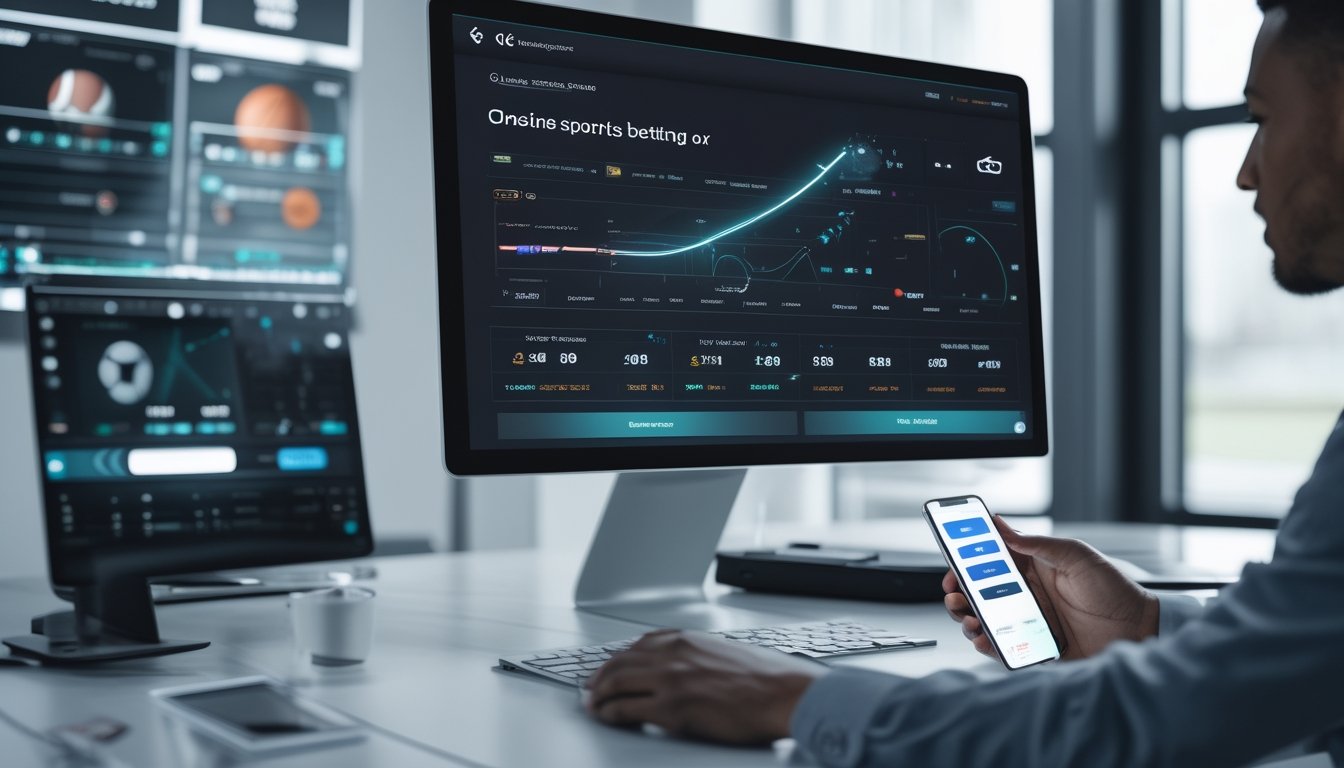 Seseorang menggunakan komputer dan ponsel dengan tampilan antarmuka taruhan olahraga online yang menampilkan grafik dan ikon pembayaran di lingkungan kantor modern.