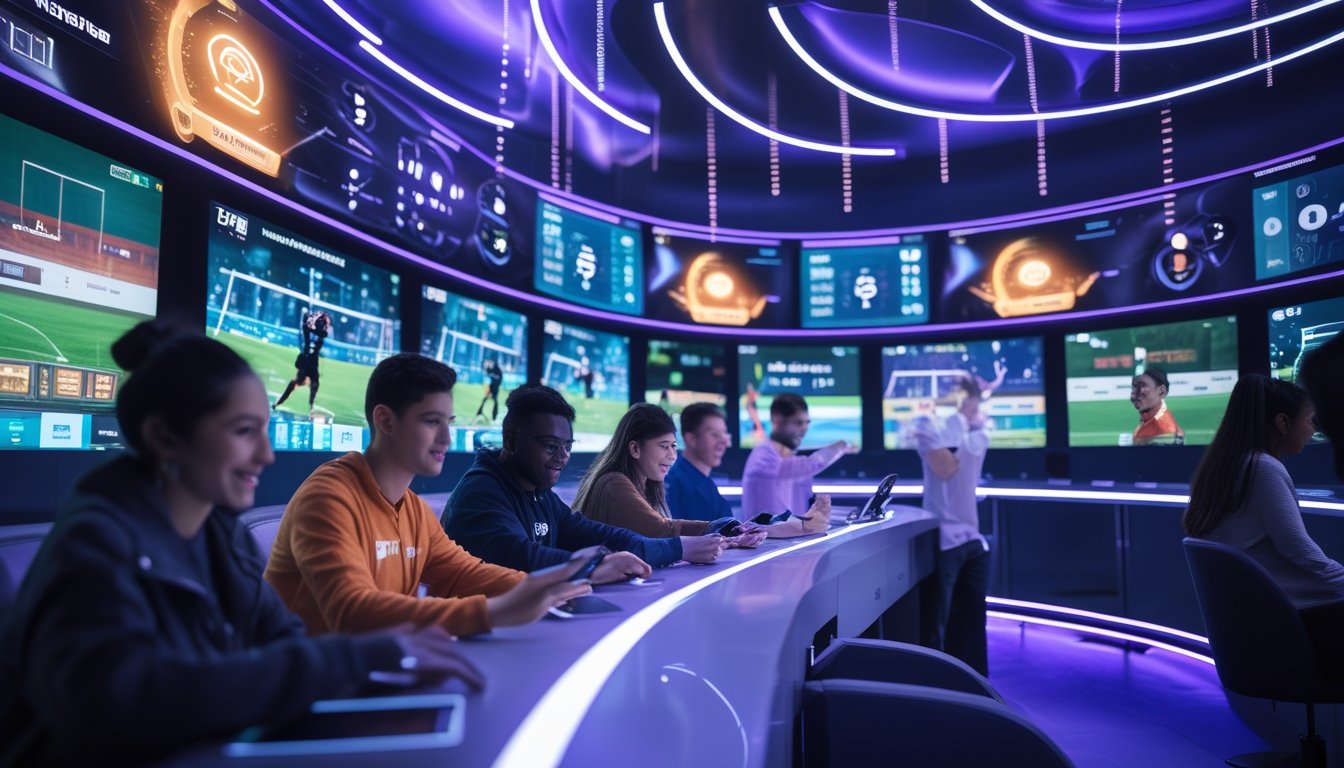 Sekelompok orang muda menggunakan perangkat digital untuk bertaruh pada pertandingan esports dan olahraga online di ruang gaming modern.