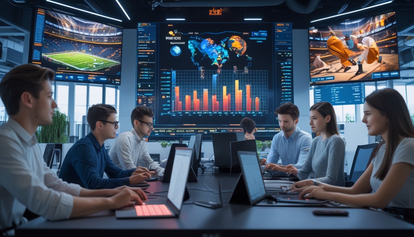 Orang-orang muda bekerja di kantor modern dengan layar besar menampilkan pertandingan esports dan olahraga, menggunakan perangkat digital untuk taruhan online.