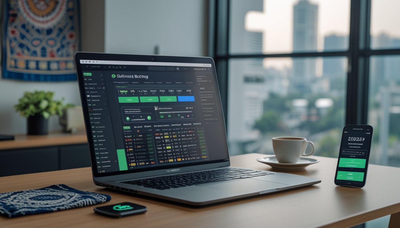 Meja kerja modern dengan laptop menampilkan situs judi olahraga online, ponsel dengan konfirmasi pembayaran, dan cangkir kopi, dengan latar belakang kota dan elemen budaya Indonesia.
