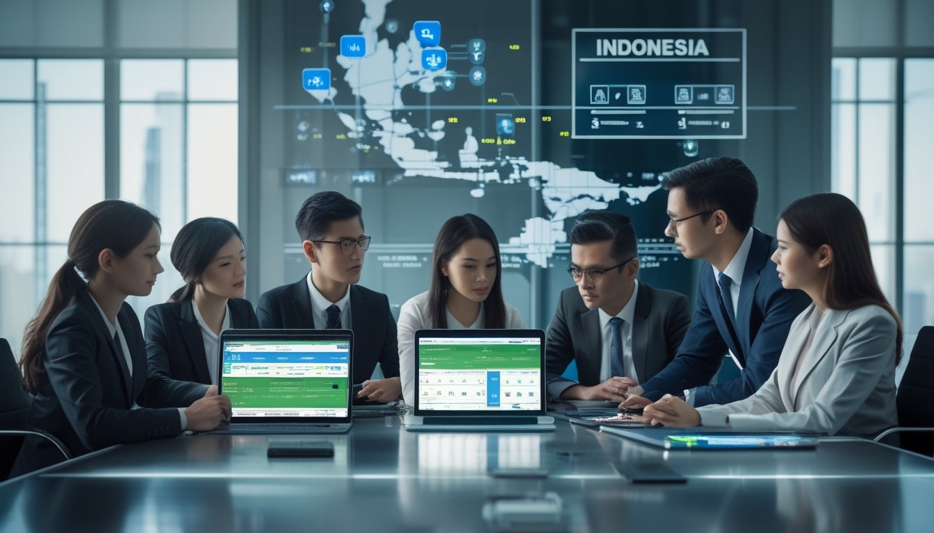 Sekelompok profesional sedang berdiskusi di ruang kantor modern dengan perangkat digital yang menampilkan statistik olahraga dan peta Indonesia di layar besar.