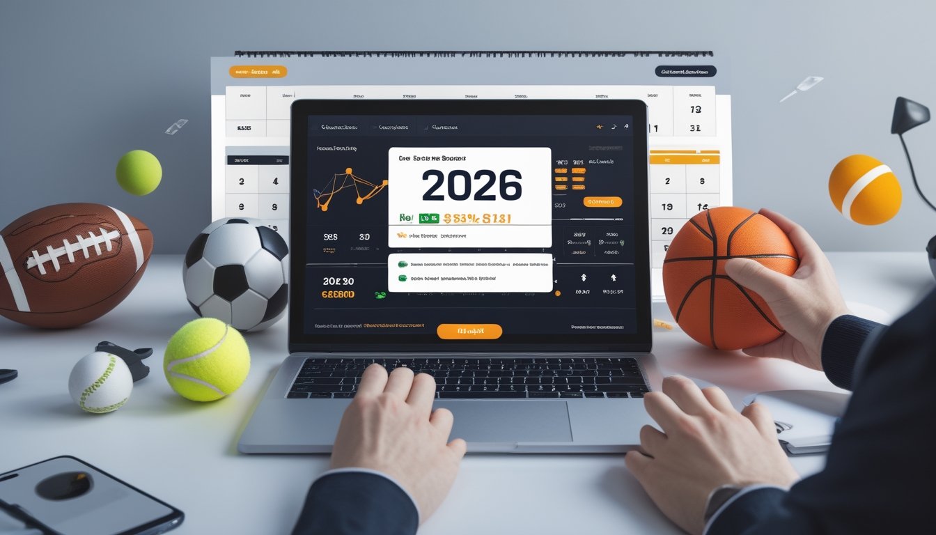 Seseorang menggunakan laptop dengan tampilan statistik olahraga dan bola sepak, bola basket, serta bola tenis di sekitar meja kerja.