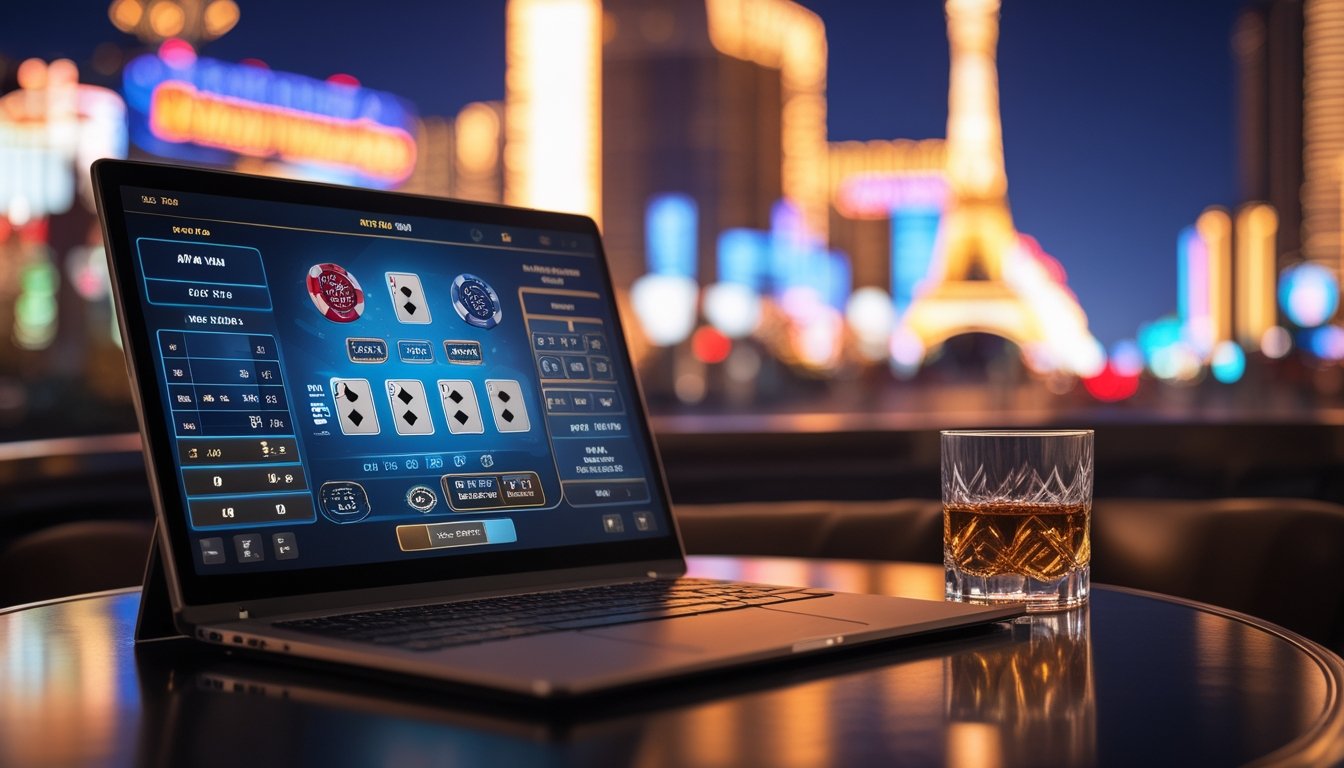 Seorang pemain menggunakan laptop untuk bermain blackjack online dengan latar belakang pemandangan malam Las Vegas Strip yang terang benderang.